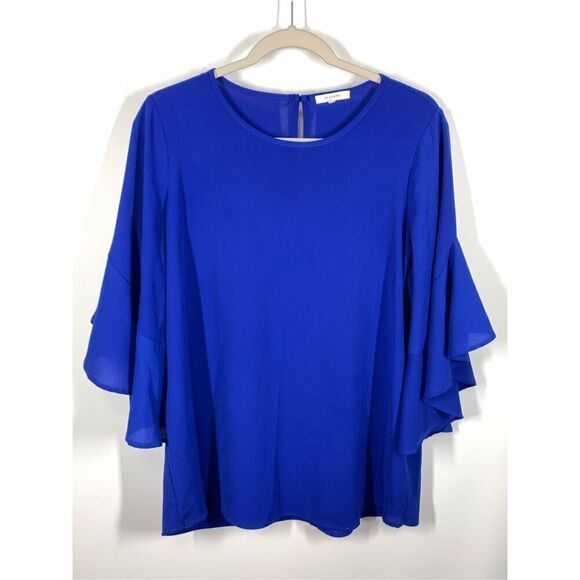 Pleione Women's Bell Sleeve Round Neck Keyhole Back Blouse Blue Medium - Picture 1 of 7